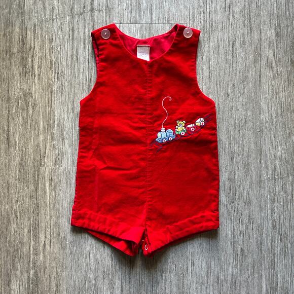 Vintage Other - Vintage Red 100% Cotton Velvet Embroidered Bear Train Romper Size 24 Months